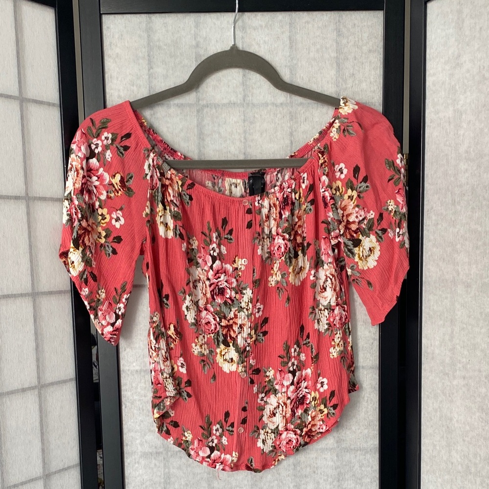 Rebel Sugar Floral Coral Crinkle Gauze Crop Top Size Med